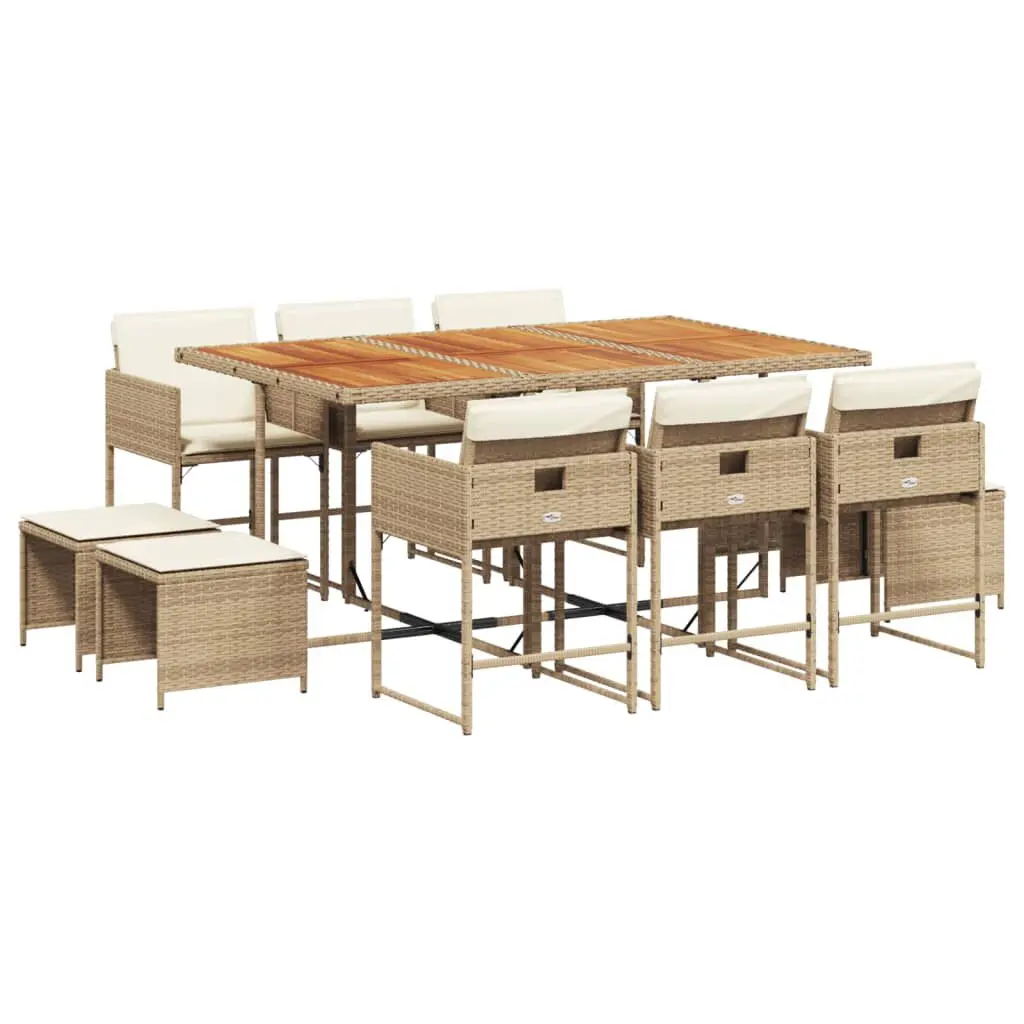 11 Piece Patio Dining Set Cushions Beige Poly Rattan Outdoor Furniture