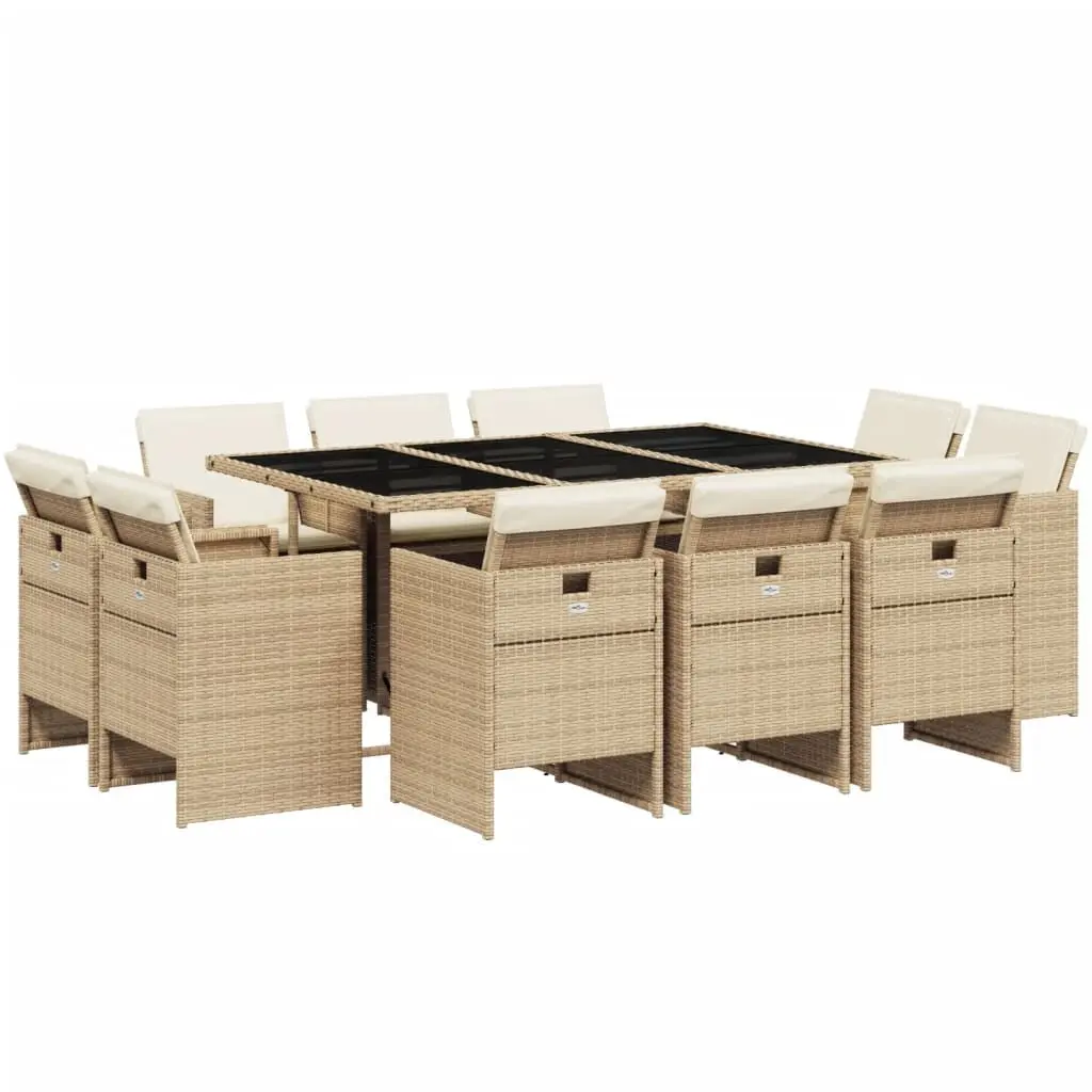 11 Piece Patio Dining Set Cushions Beige Poly Rattan Outdoor Furniture