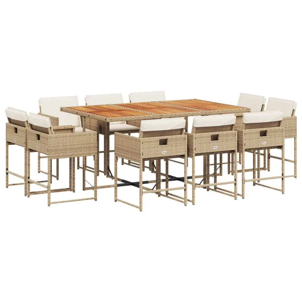 11 Piece Patio Dining Set Cushions Beige Poly Rattan Outdoor Furniture