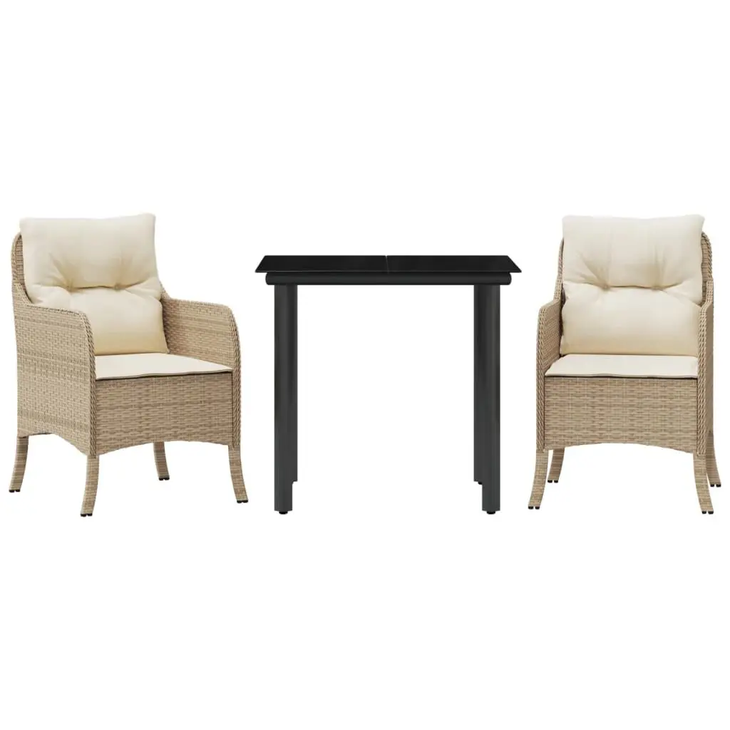 3 Piece Patio Dining Set Cushions Beige Poly Rattan Outdoor Table and Chairs
