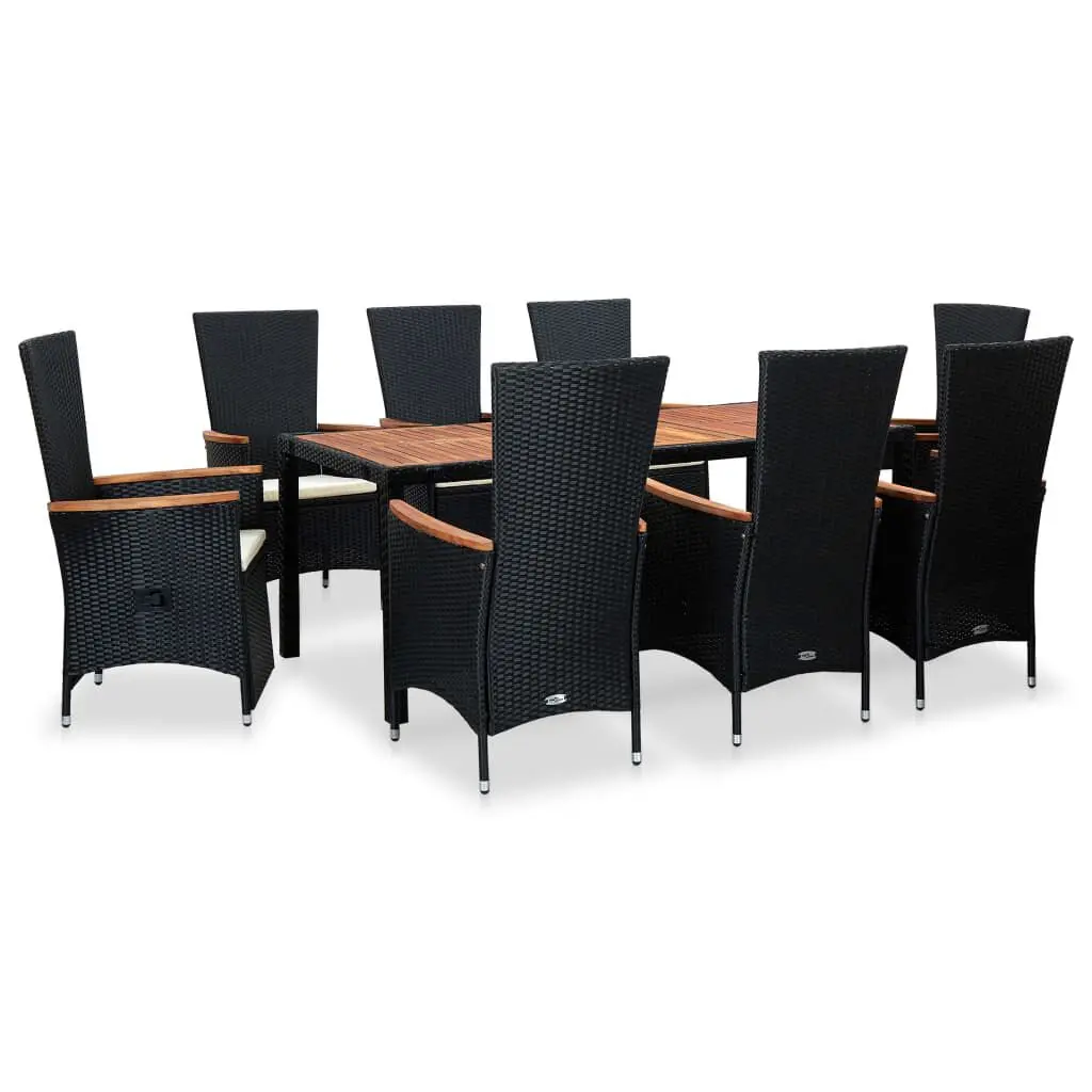 9 Piece Patio Dining Set Cushions Black Poly Rattan Outdoor Furniture