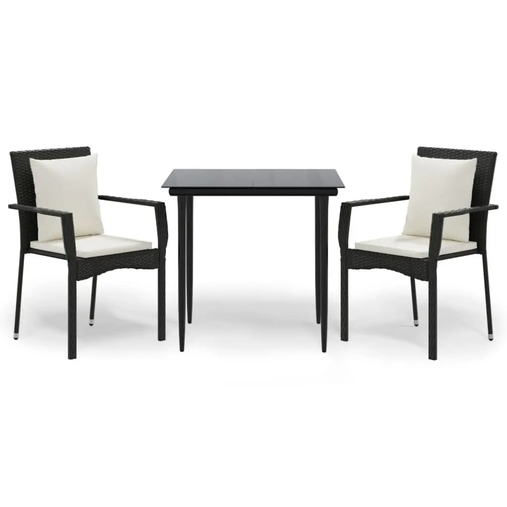 3 Piece Patio Dining Set Cushions Black Poly Rattan Outdoor Furniture