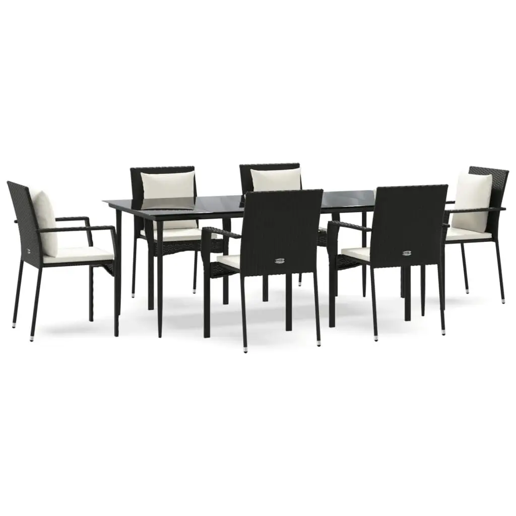 7 Piece Patio Dining Set Cushions Black Poly Rattan Outdoor Furniture