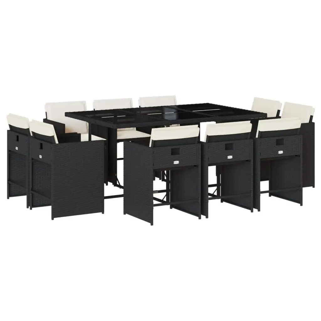 11 Piece Patio Dining Set Cushions Black Poly Rattan Outdoor Furniture