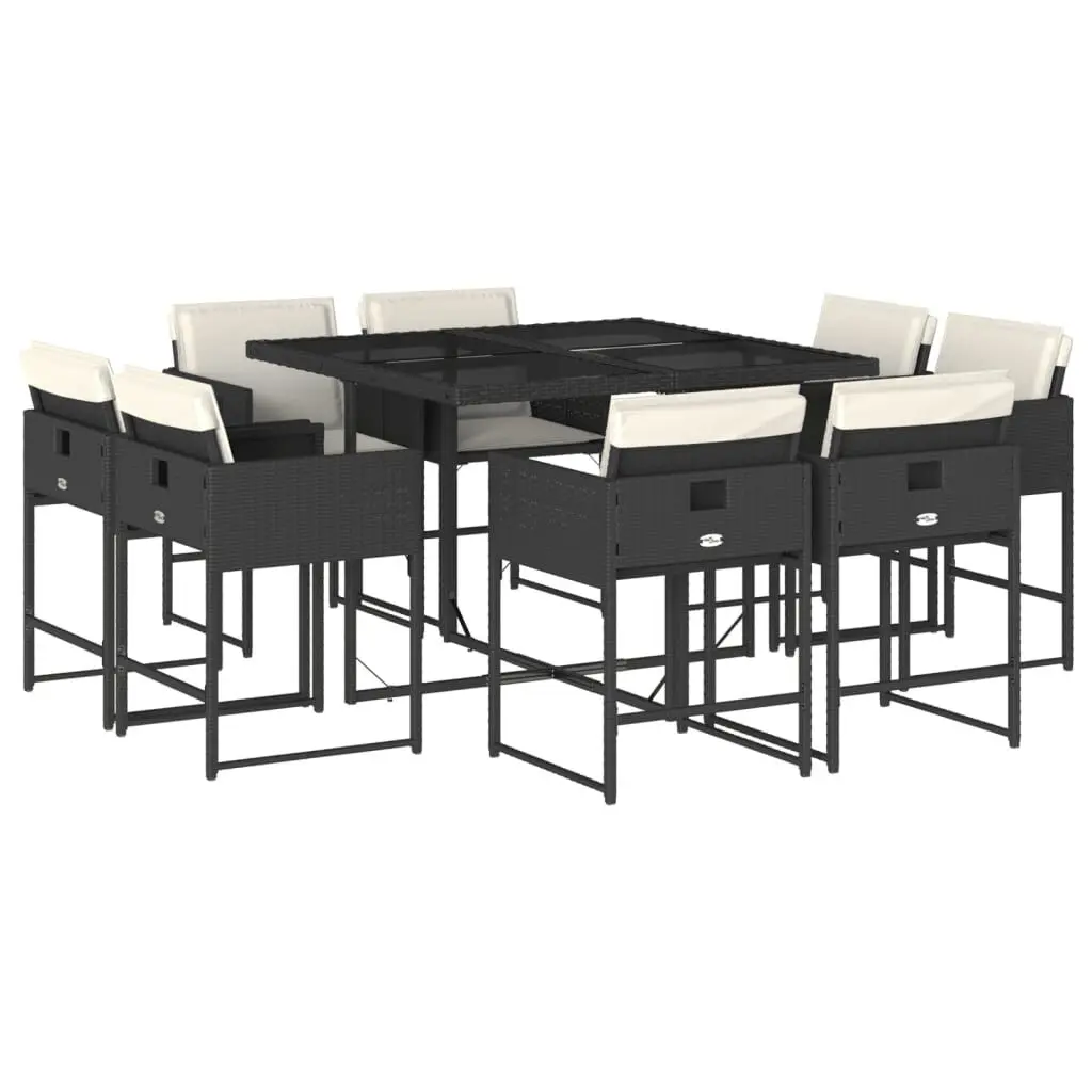 9 Piece Patio Dining Set Cushions Black Poly Rattan Outdoor Furniture