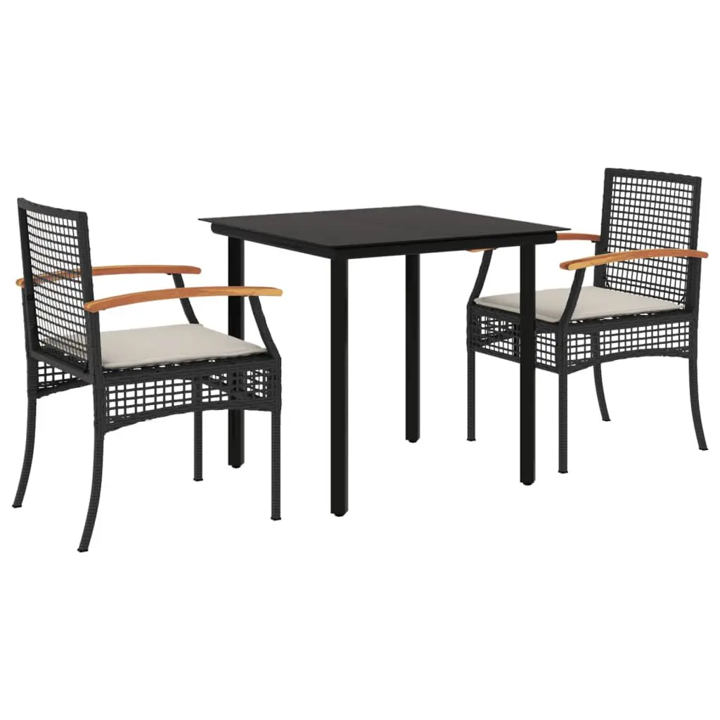 3 Piece Patio Dining Set Cushions Black Poly Rattan Outdoor Furniture