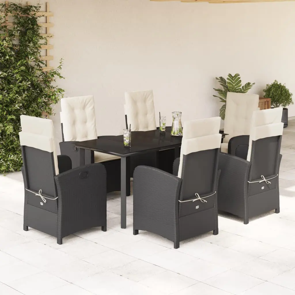 7 Piece Patio Dining Set Cushions Black Poly Rattan Outdoor Furniture