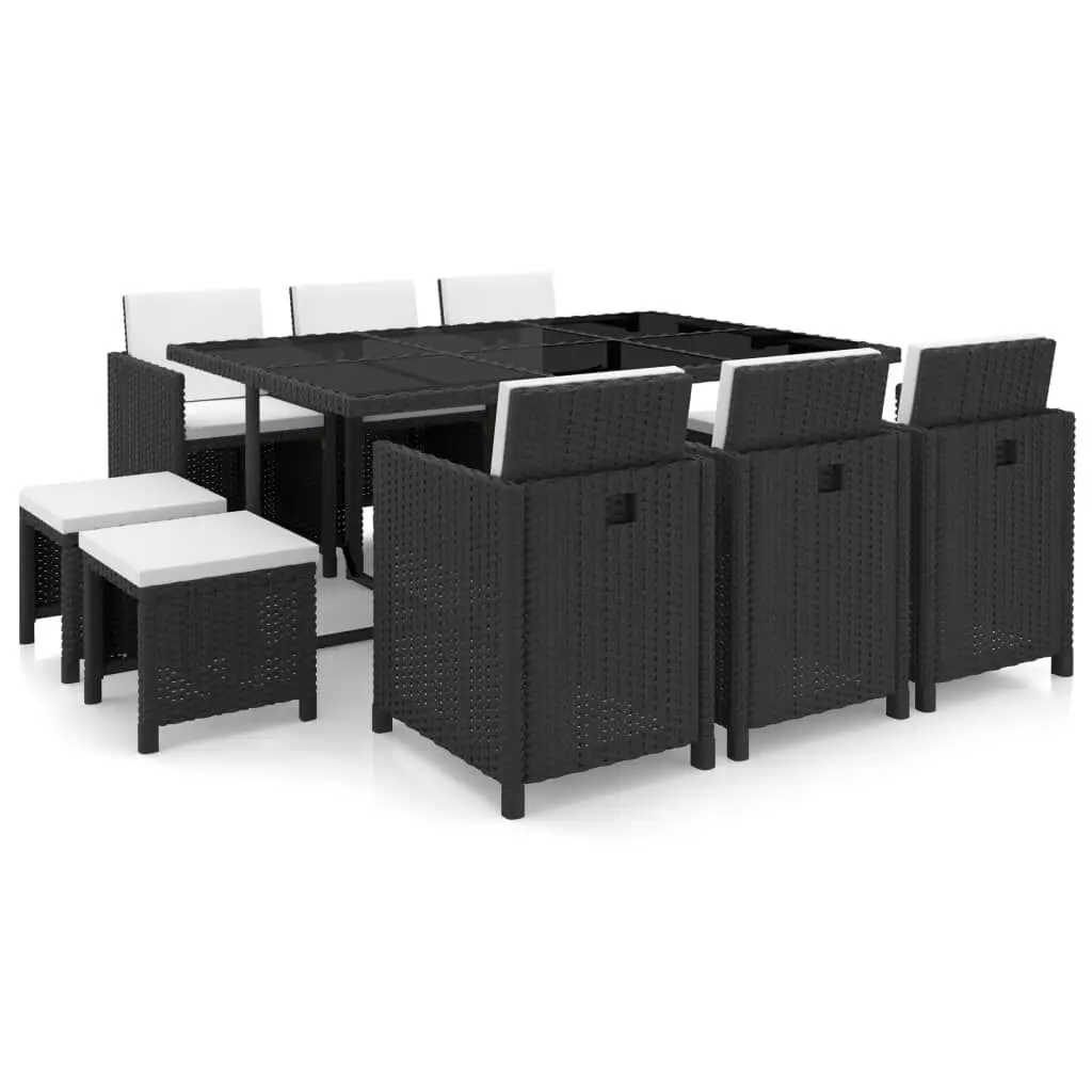 11 Piece Patio Dining Set Cushions Black Poly Rattan Outdoor Furniture