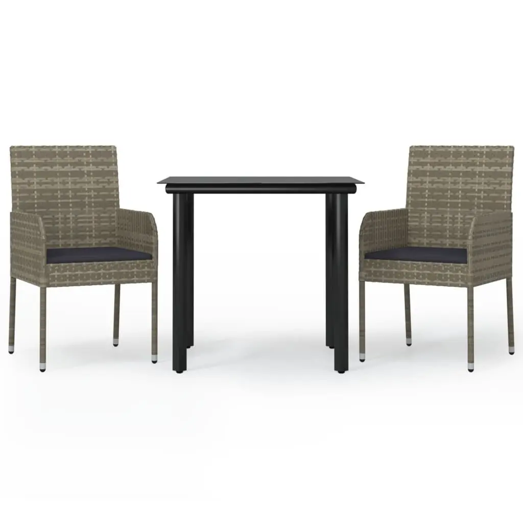 3 Piece Patio Dining Set Cushions Black and Gray Poly Rattan Outdoor Furniture