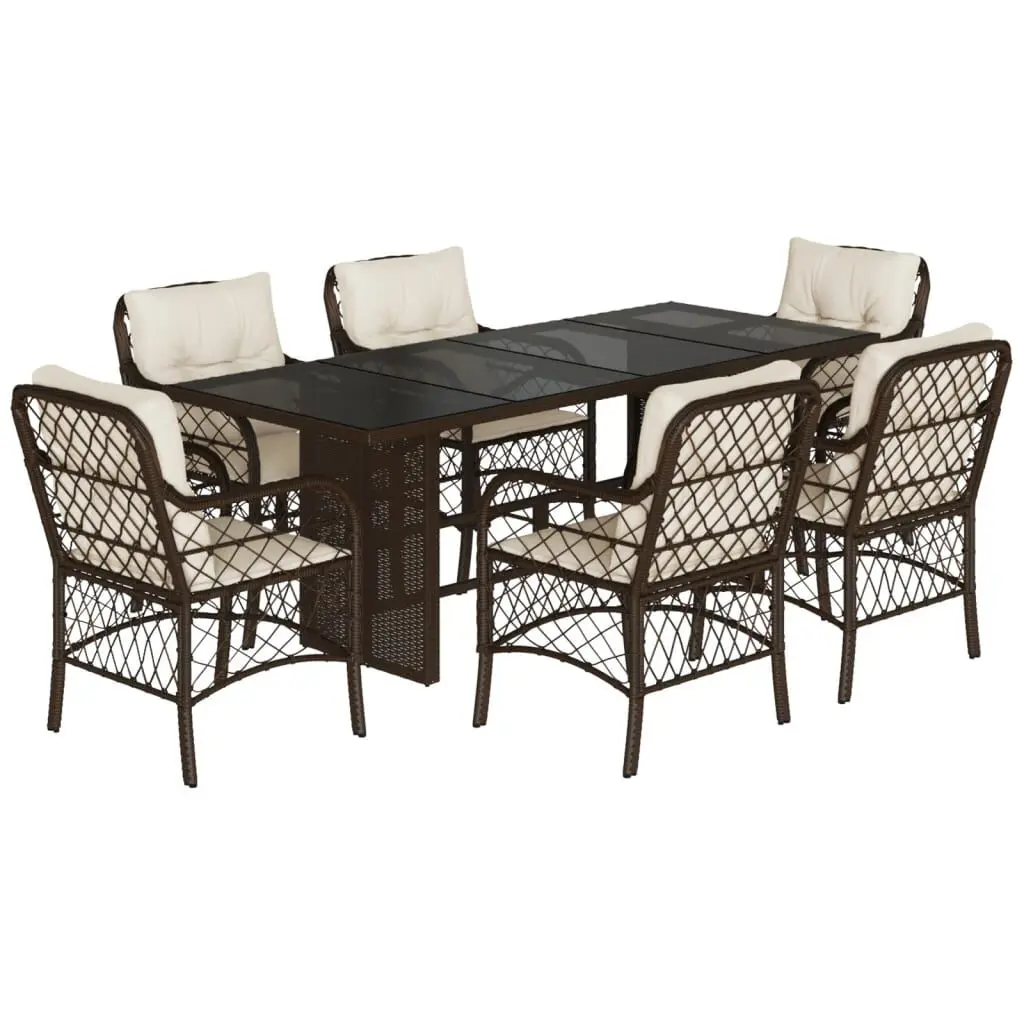 7 Piece Patio Dining Set Cushions Brown Poly Rattan Outdoor Furniture