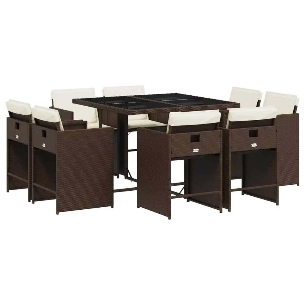 9 Piece Patio Dining Set Cushions Brown Poly Rattan Outdoor Furniture