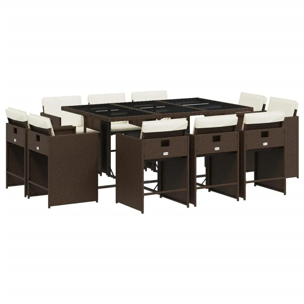 11 Piece Patio Dining Set Cushions Brown Poly Rattan Outdoor Furniture