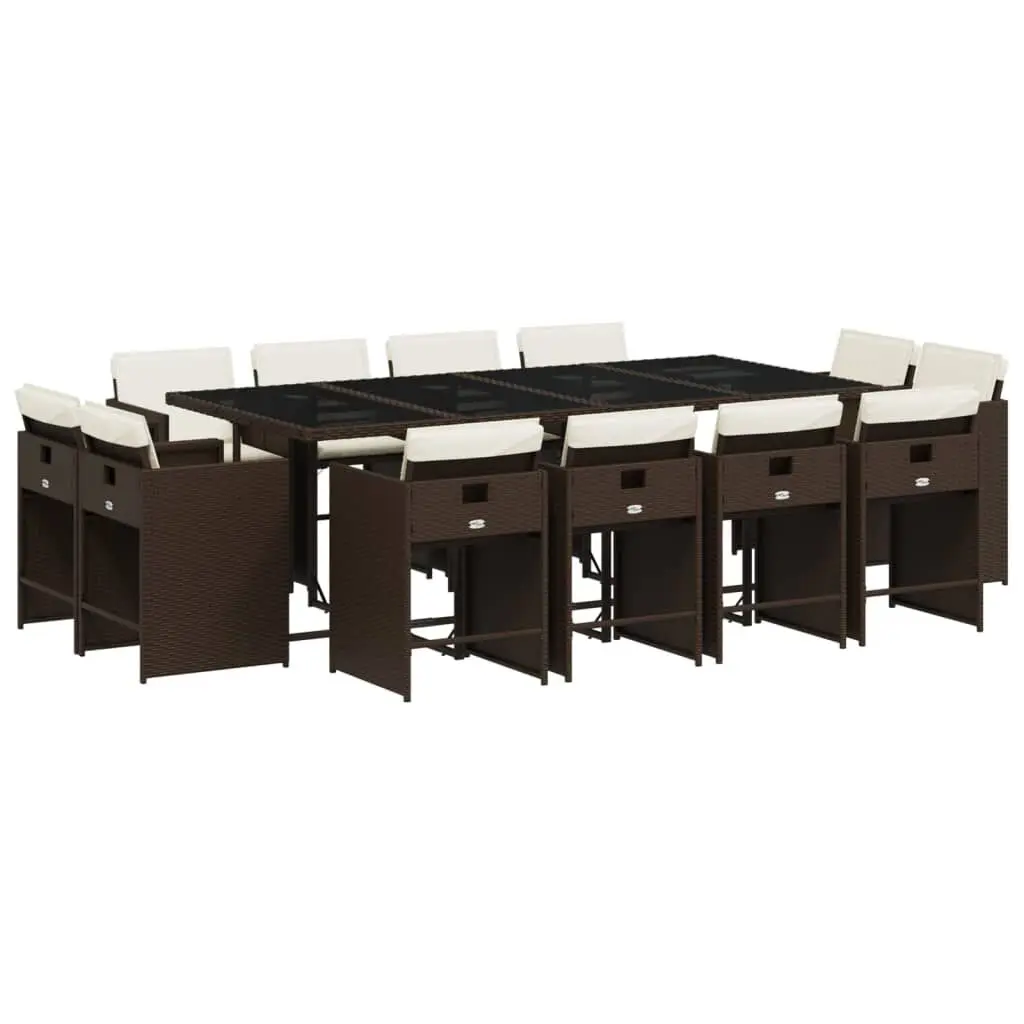 13 Piece Patio Dining Set Cushions Brown Poly Rattan Outdoor Furniture
