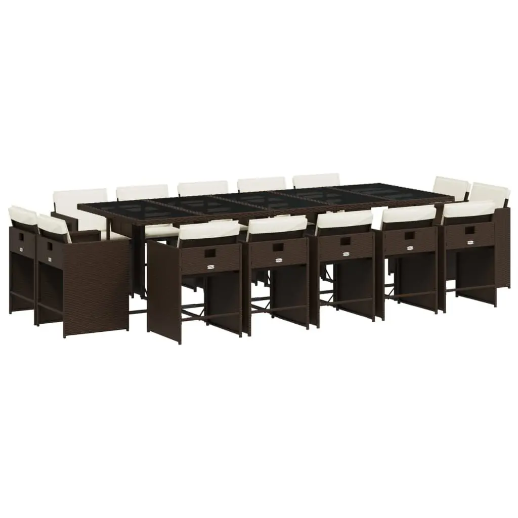 15 Piece Patio Dining Set Cushions Brown Poly Rattan Outdoor Furniture