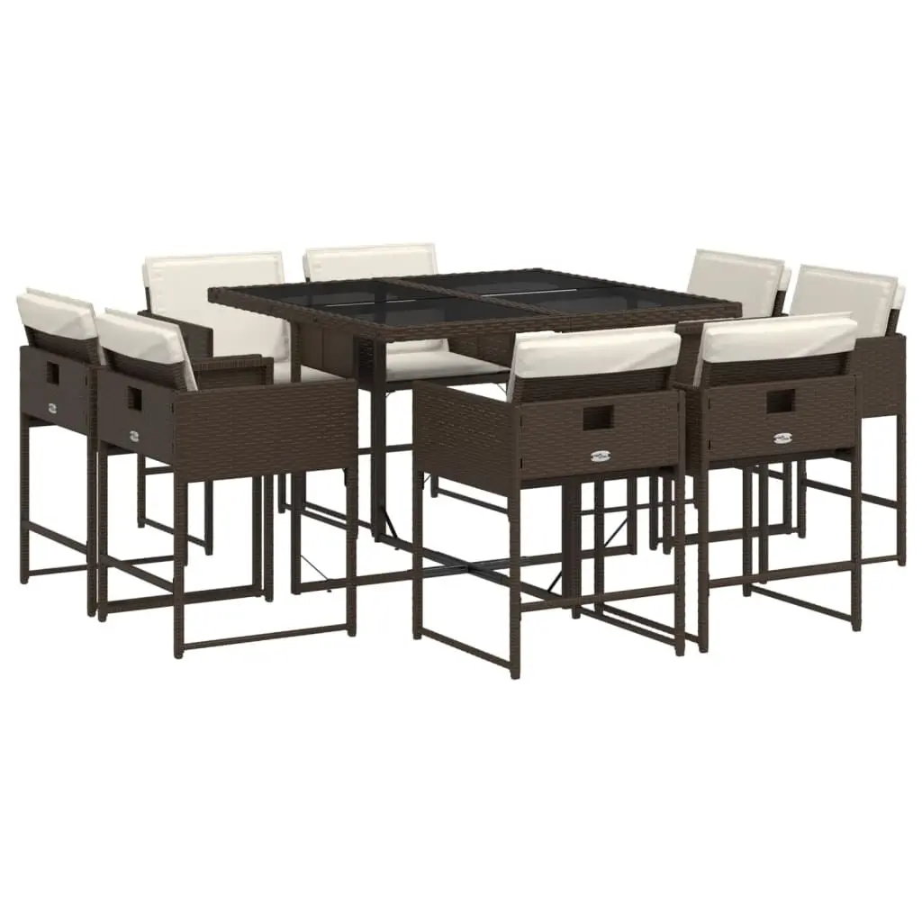 9 Piece Patio Dining Set Cushions Brown Poly Rattan Outdoor Furniture Garden or Deck