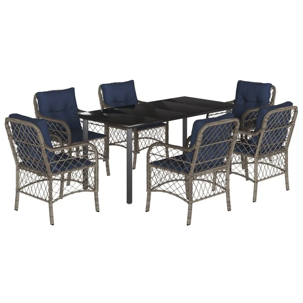 7 Piece Patio Dining Set Cushions Gray Poly Rattan