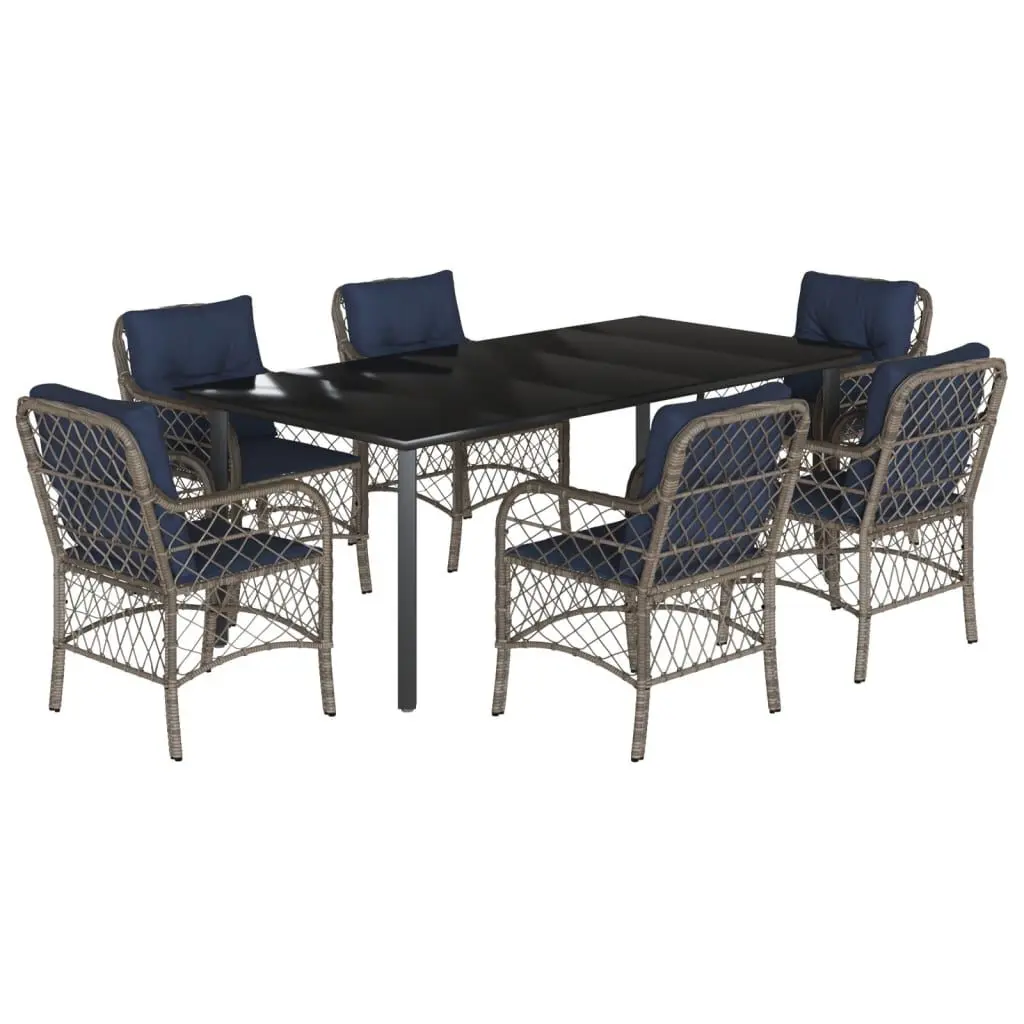 7 Piece Patio Dining Set Cushions Gray Poly Rattan