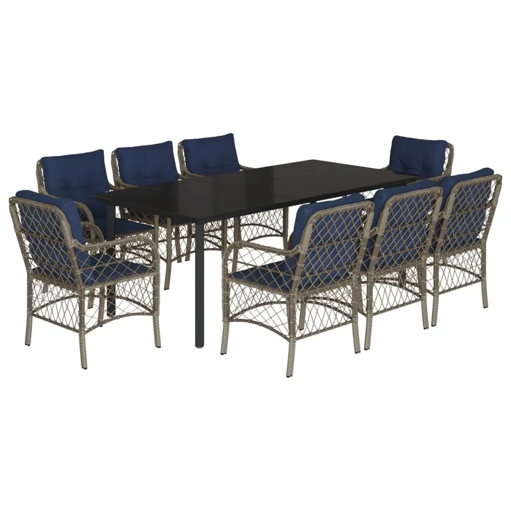 9 Piece Patio Dining Set Cushions Gray Poly Rattan