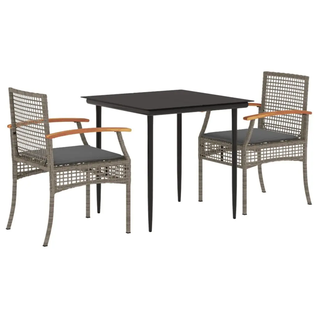 3 Piece Patio Dining Set Cushions Gray Poly Rattan Outdoor Furniture
