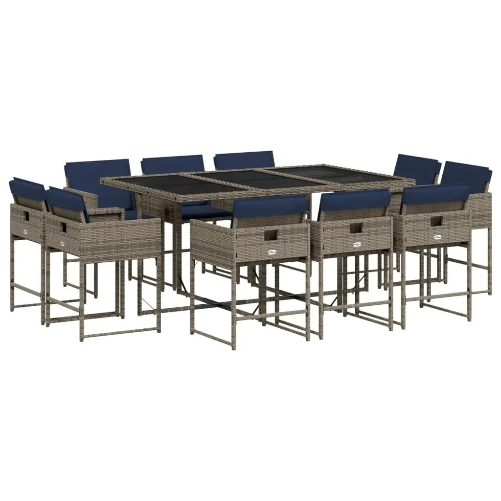 11 Piece Patio Dining Set Cushions Gray Poly Rattan Outdoor Furniture