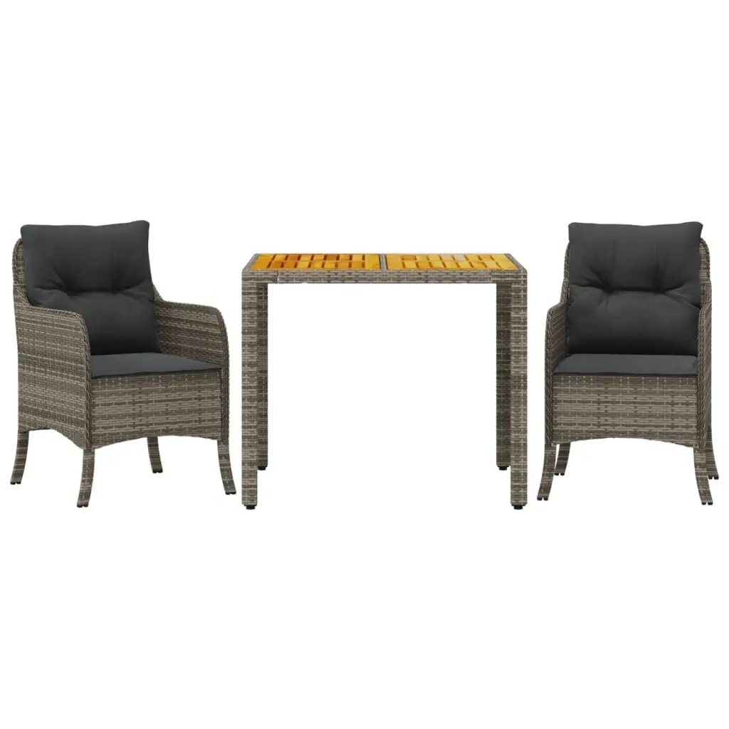 3 Piece Patio Dining Set Cushions Gray Poly Rattan Outdoor Furniture
