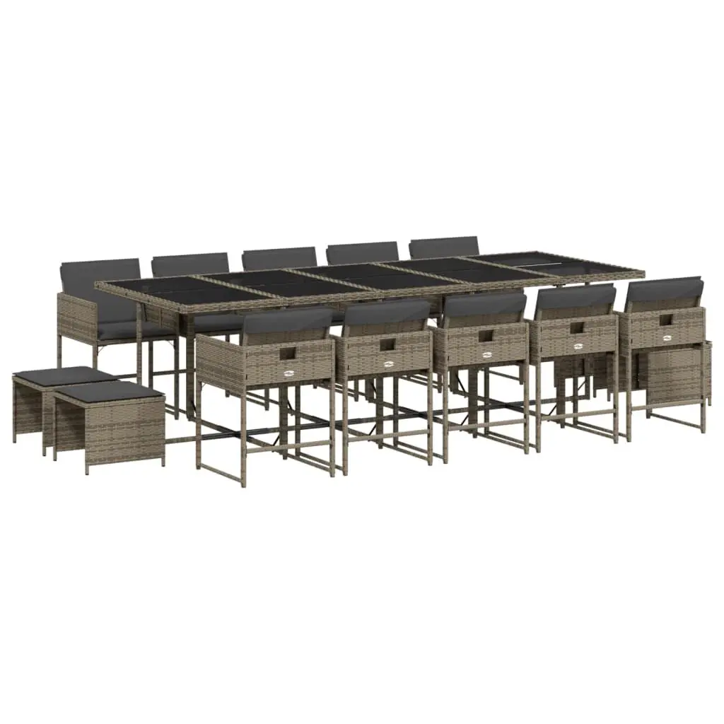 15 Piece Patio Dining Set Cushions Gray Poly Rattan Outdoor Furniture