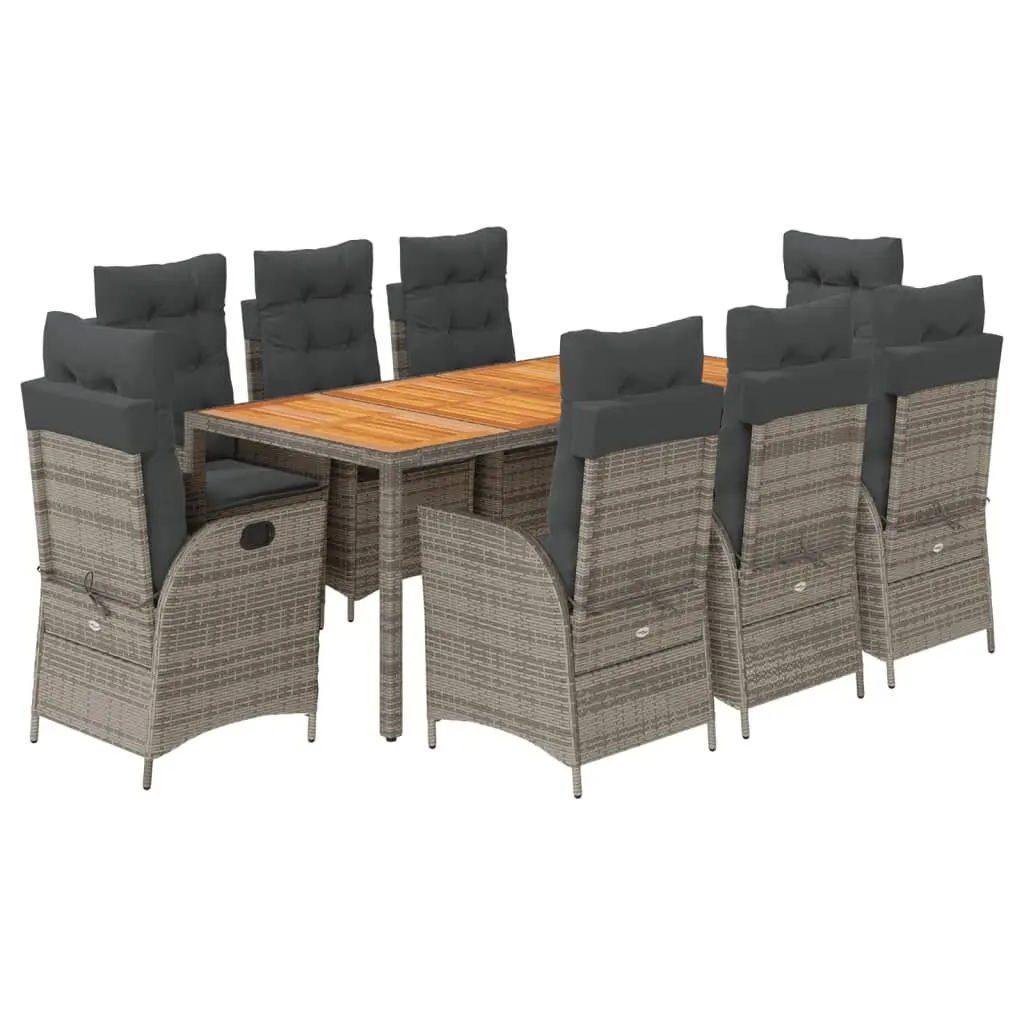 9 Piece Patio Dining Set Cushions Gray Poly Rattan Outdoor Furniture
