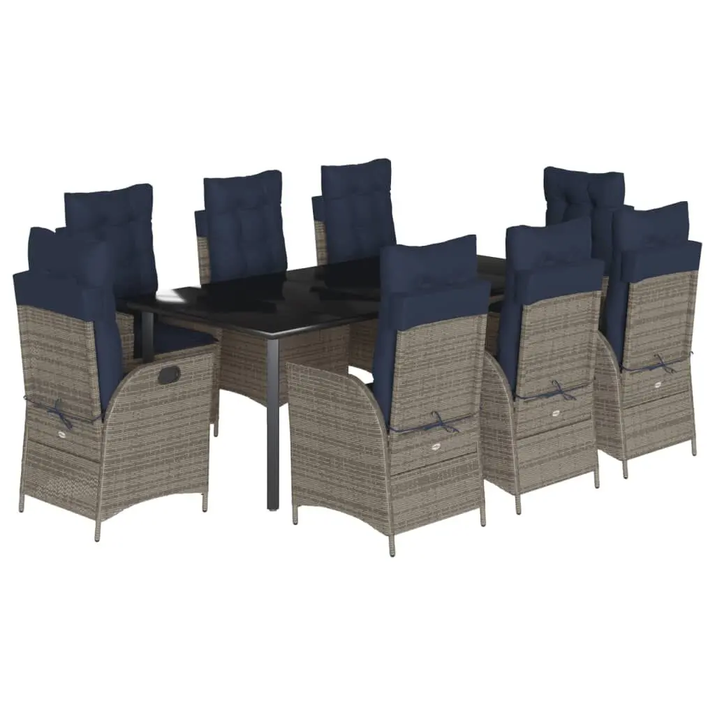 9 Piece Patio Dining Set Cushions Gray Poly Rattan Outdoor Furniture
