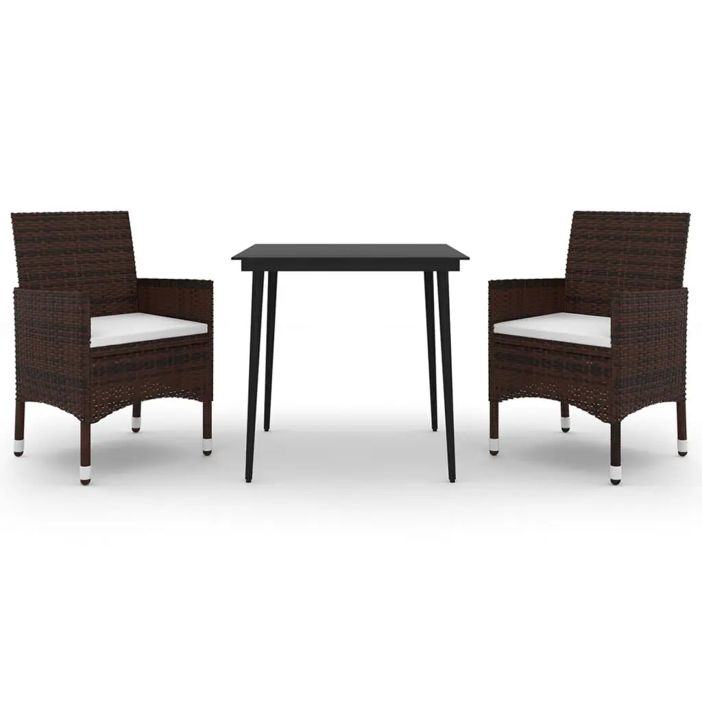 3 Piece Patio Dining Set Cushions Poly Rattan and Glass Table Outdoor Furniture