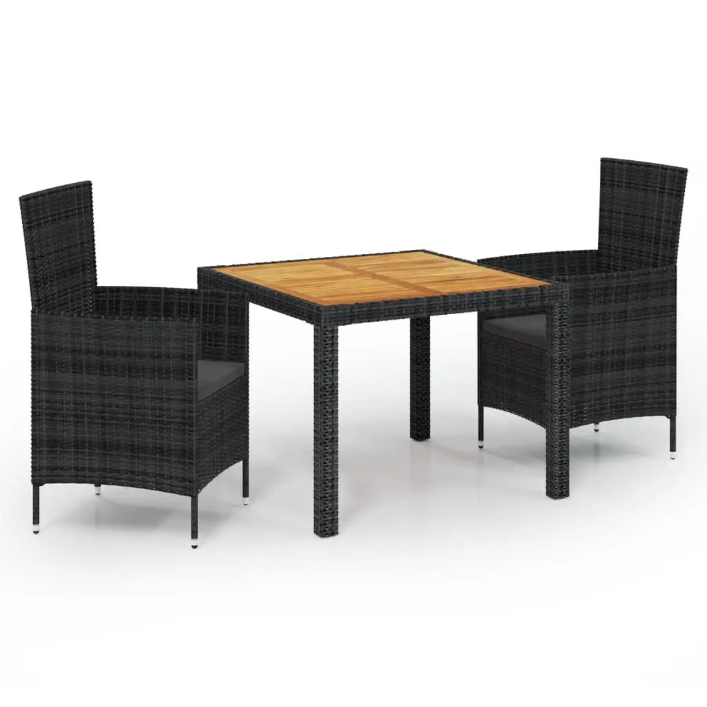 3 Piece Patio Dining Set Cushions Poly Rattan Black Outdoor Furniture