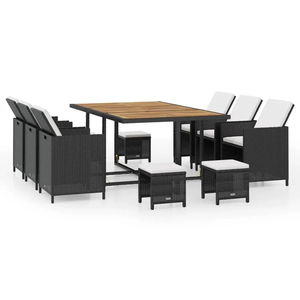 11 Piece Patio Dining Set Poly Rattan and Acacia Wood Black Outdoor Furniture