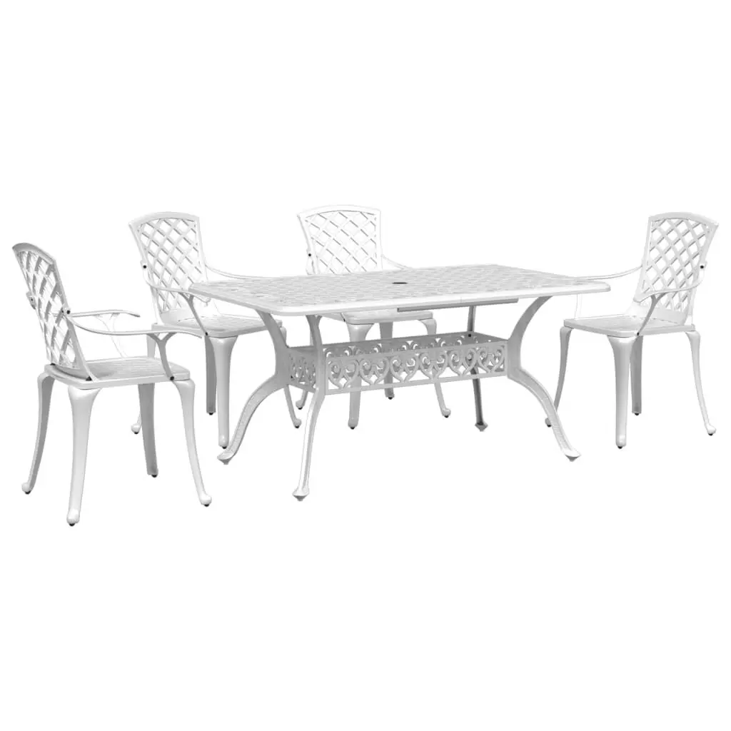 5 Piece Patio Dining Set White Cast Aluminum Elegant Outdoor Table and Chairs