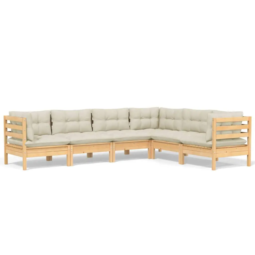 6 Piece Patio Lounge Set Cream Cushions Solid Pinewood Garden Seating