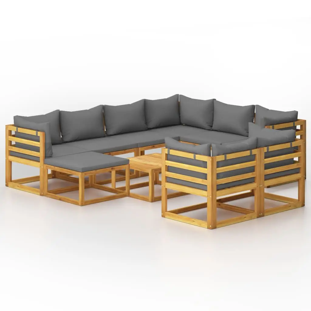 10 Piece Patio Lounge Set Cushion Solid Acacia Wood Outdoor Dining Set