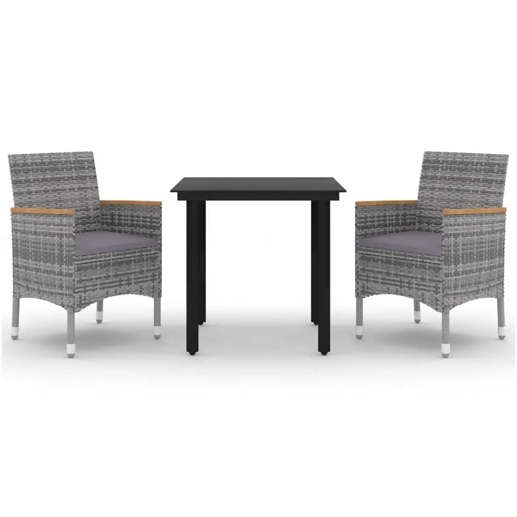 3 Piece Poly Rattan Patio Dining Set Glass Table and Cushions