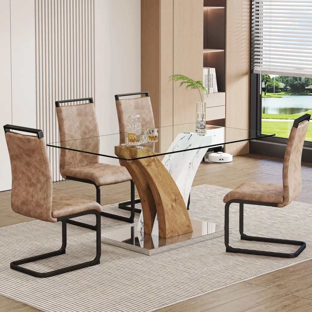 Modern Dining Table Set Tempered Crystal Countertop and 4 Chairs droom w-1151