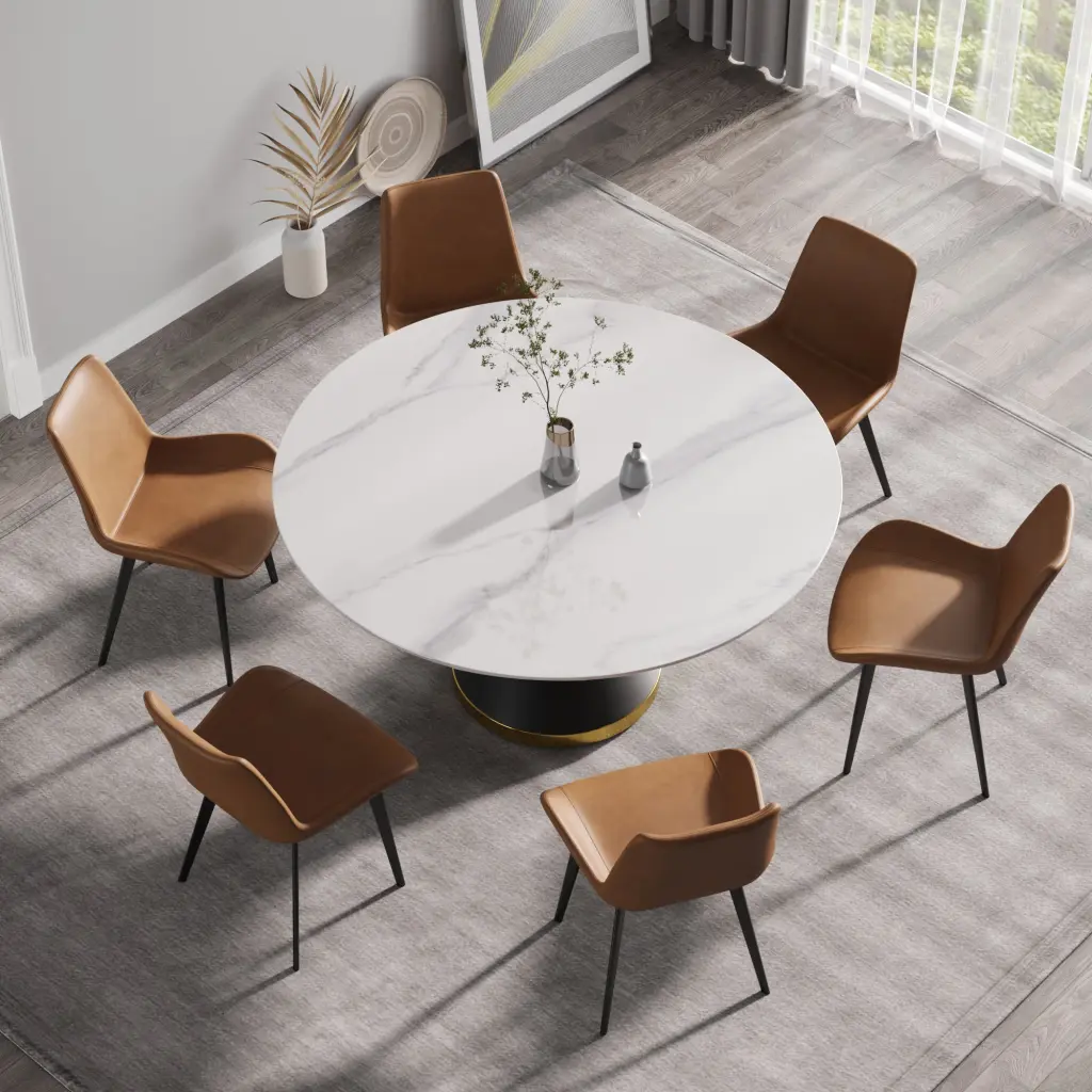 59.05 Inch Modern Artificial Marble Round Black Carbon Alloy Metal Base Dining Table atunus