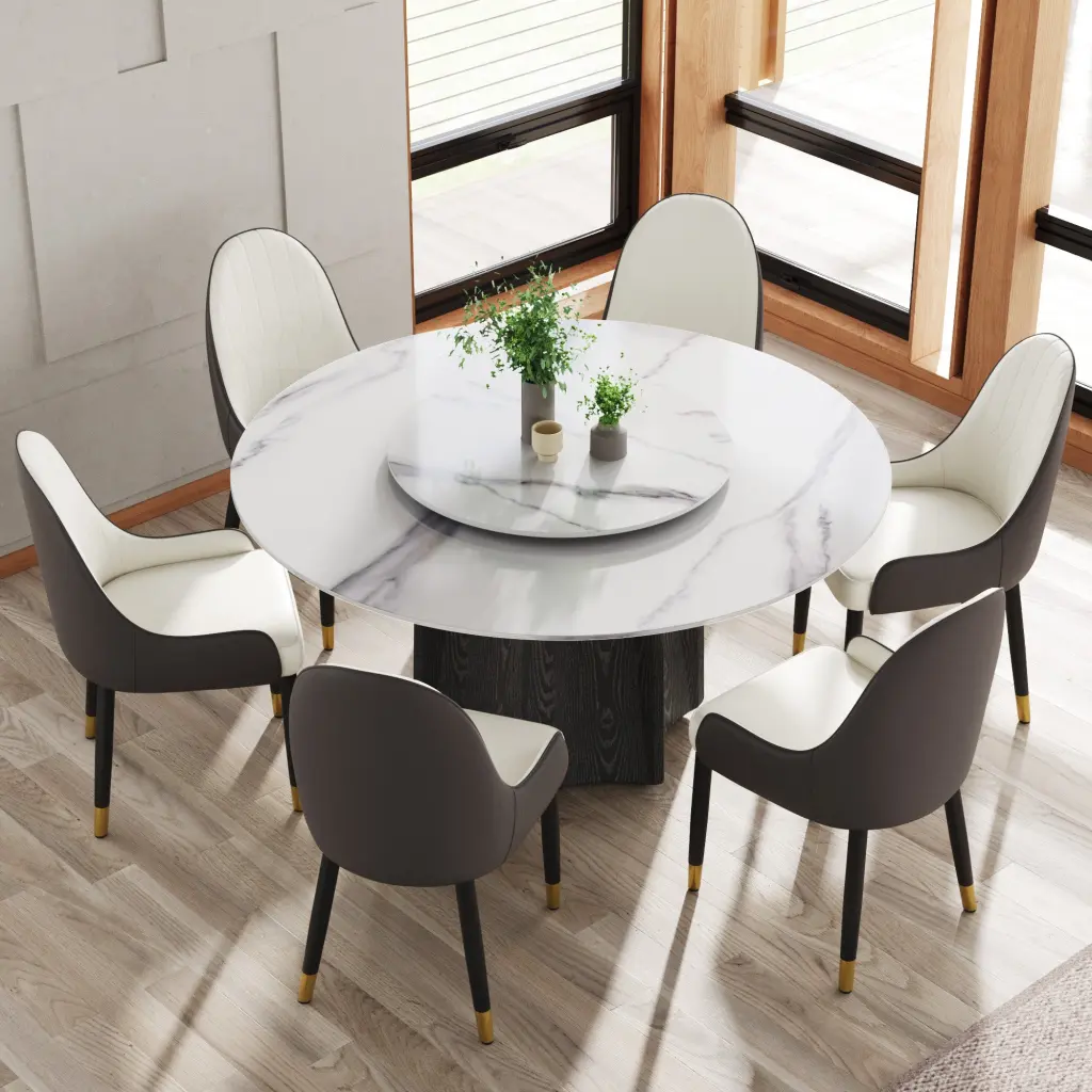 59.05 Inch Round Stone Dining Table Black Textured Solid Timber Base atunus