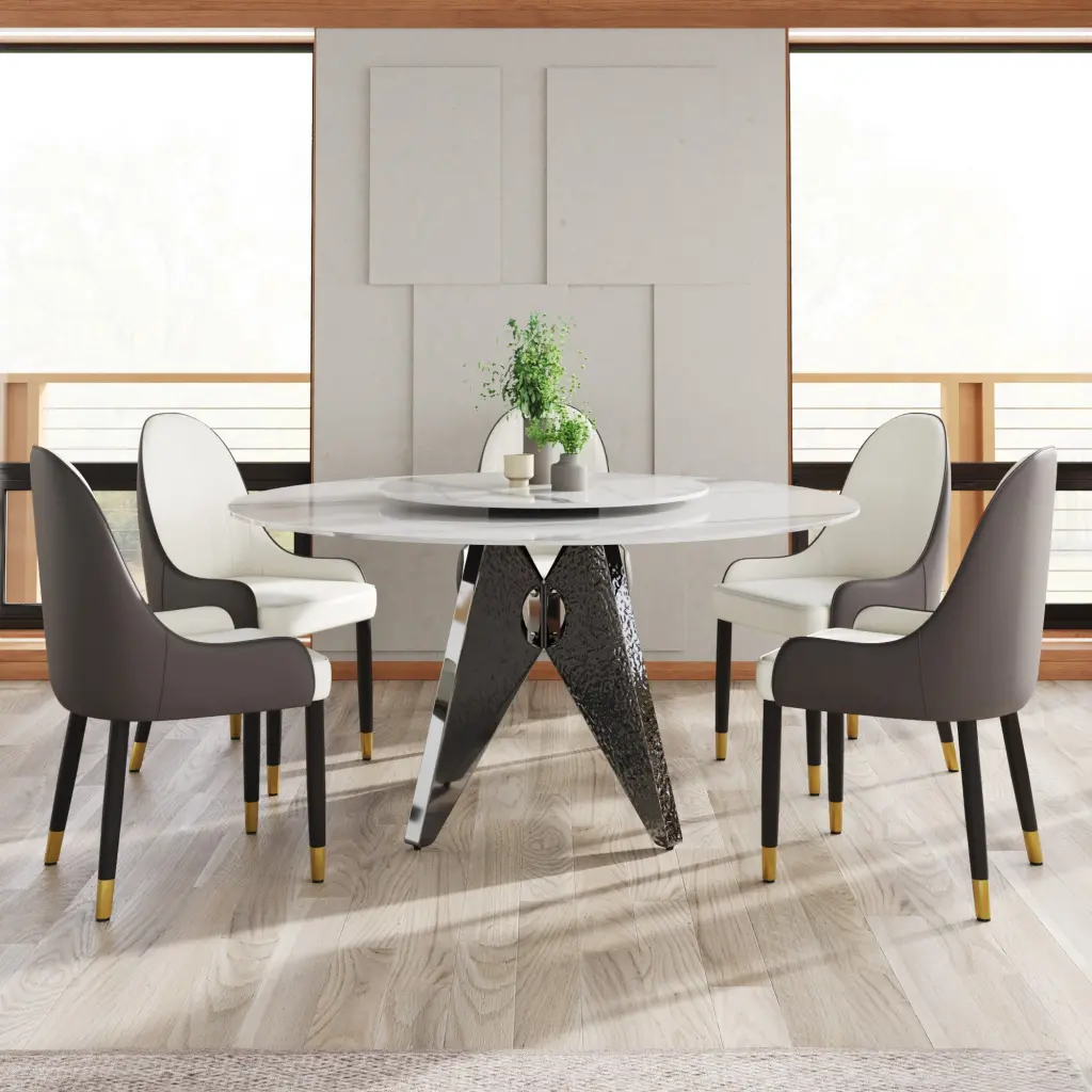 59.05 Inch Round Stone Dining Table Shiny Metal Stainless Alloy Base Modern Design atunus