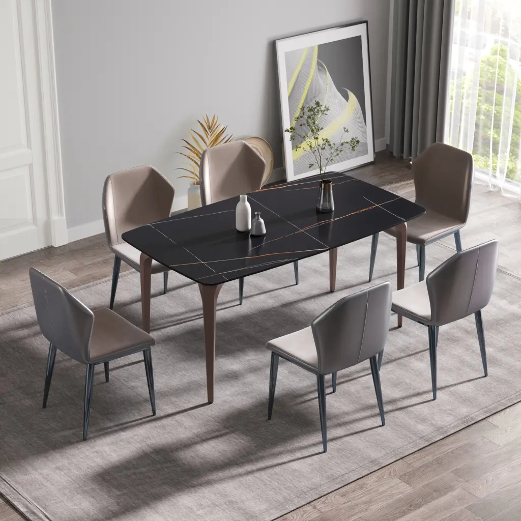 63 Inch Modern Artificial Marble Black Curved Metallic Leg Dining Table 6 People atunus