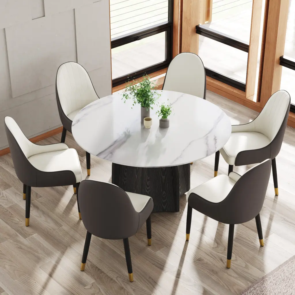 53 Inch Round Stone Dining Table Black Textured Solid Timber Base Artisan Design atunus