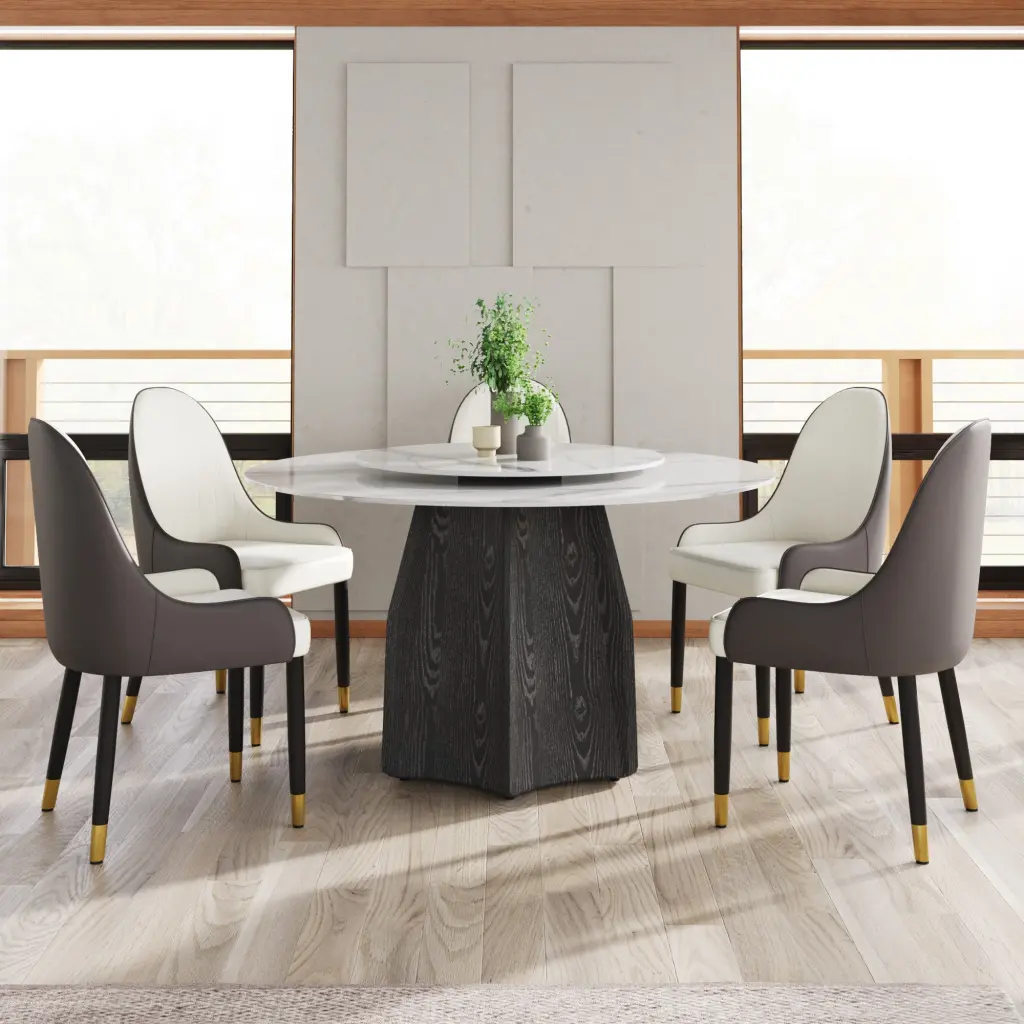53 Inch Round Stone Dining Table Black Textured Solid Timber Base Modern Art atunus