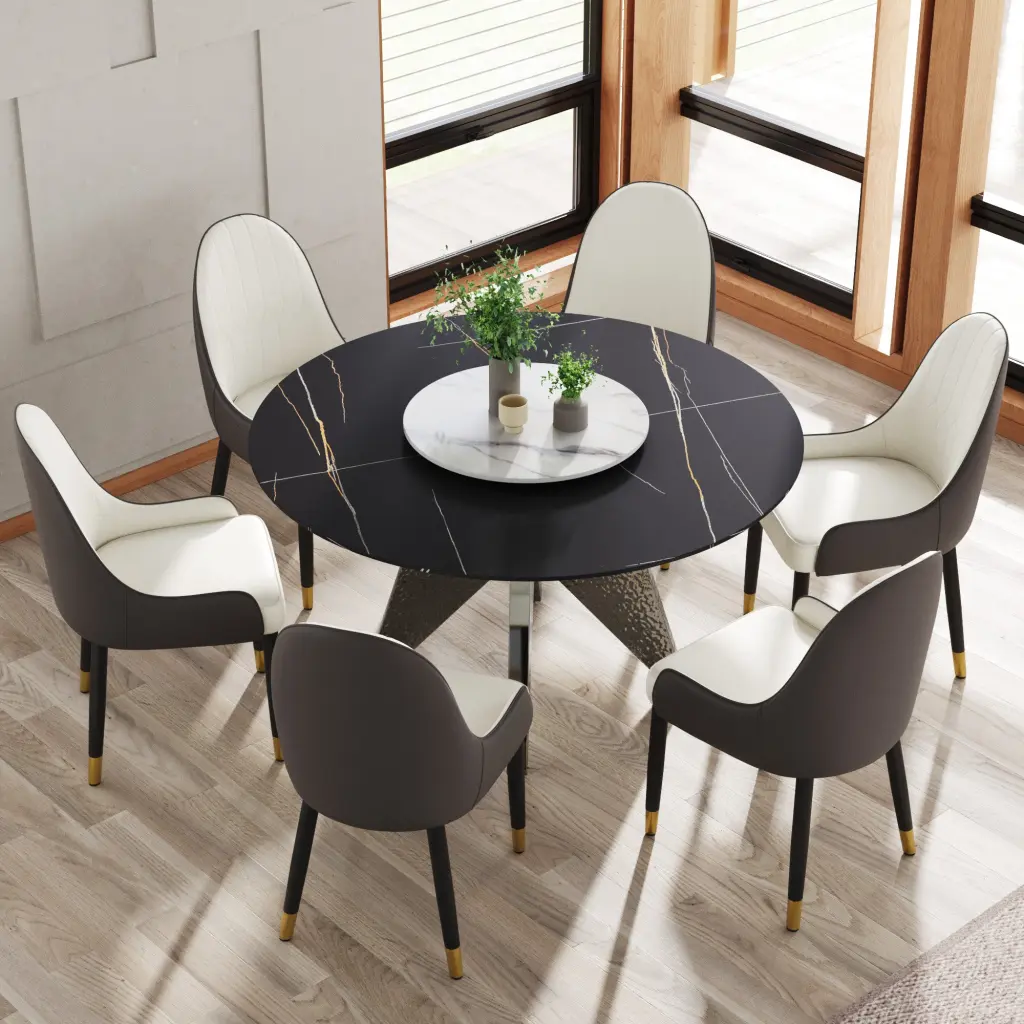 53 Inch Round Stone Dining Table Stainless Alloy Metal Base atunus