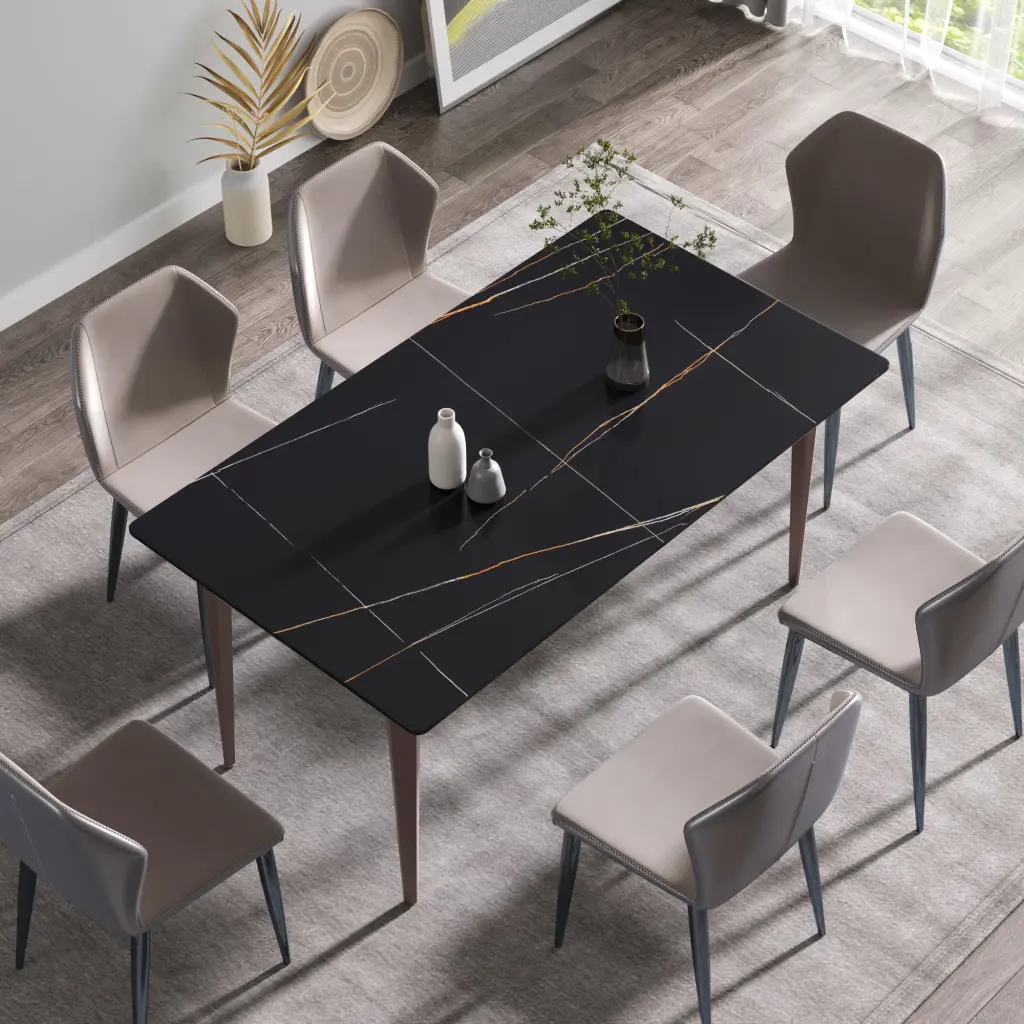 63 Modern Artificial Marble Black Straight Edge Metallic Leg Dining Table atunus