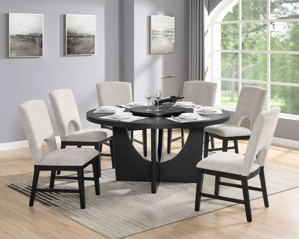 7 Piece Modern Round Table Black Finish Lazy Susan Timber Contemporary Dining Set kanepe