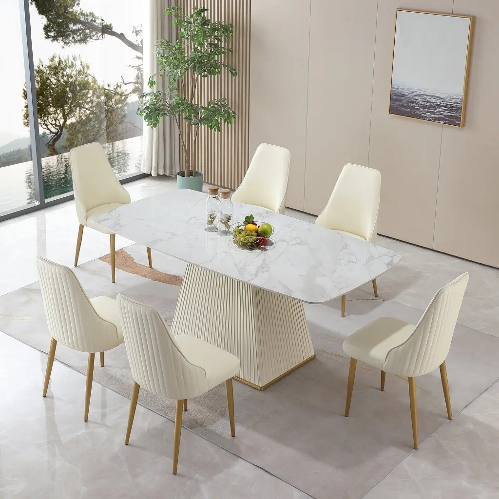 71 Contemporary Dining Table Sintered Marble Square Pedestal Base Kitchen montary