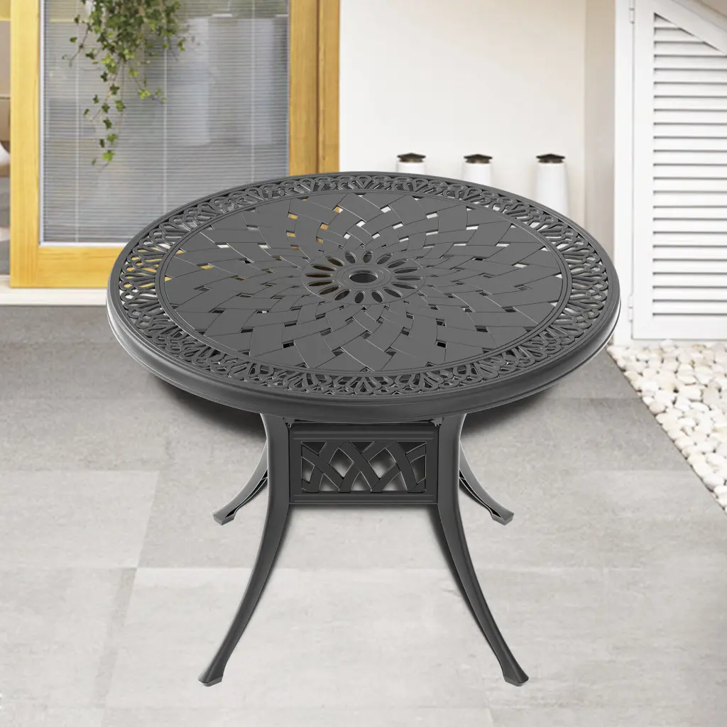 35.43 Inch Cast Aluminum Patio Dining Table Black Frame and Umbrella Hole nicesure