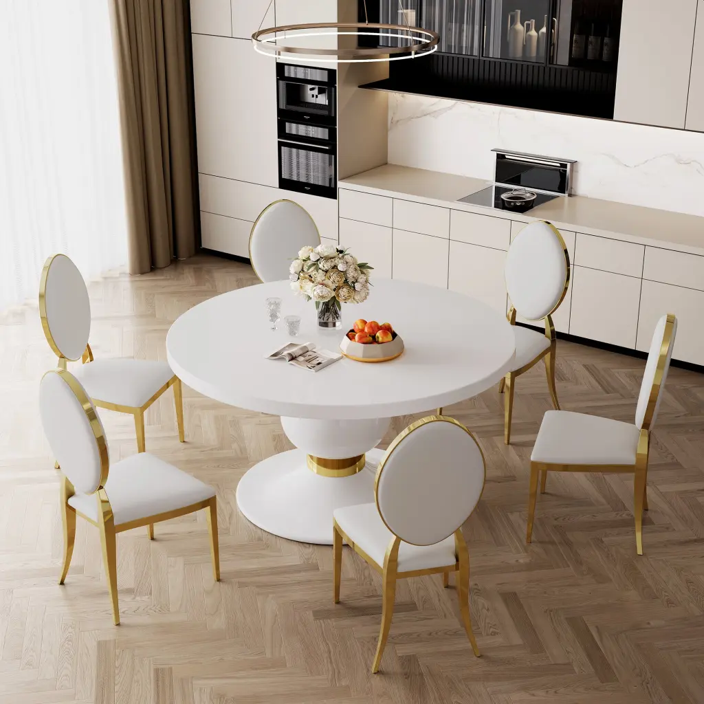 59 Inch Round White MDF Dining Table Gold Finish Stainless Steel Base w1241 artisan furniture