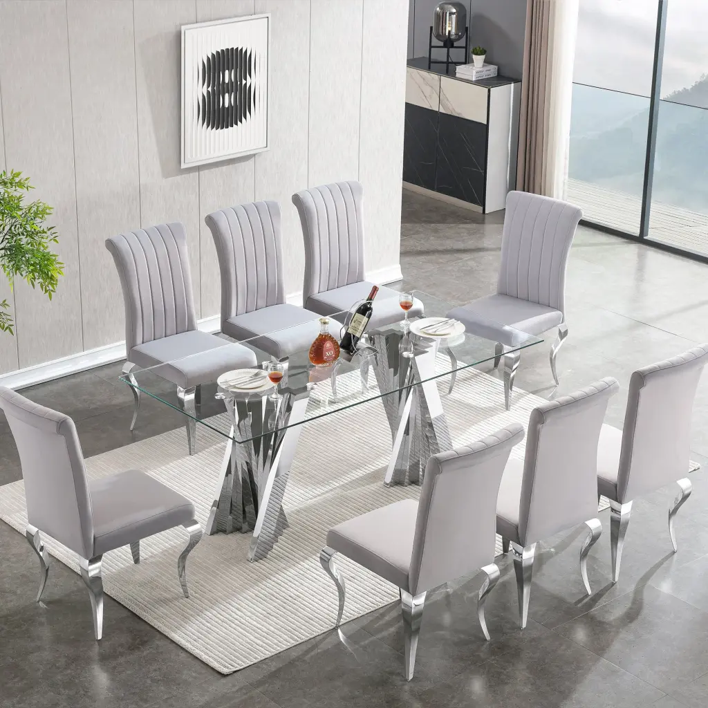 Tempered Crystal Top Dining Table Shiny Metal Mirror Finish Stainless Steel Base w1311 artisan furniture