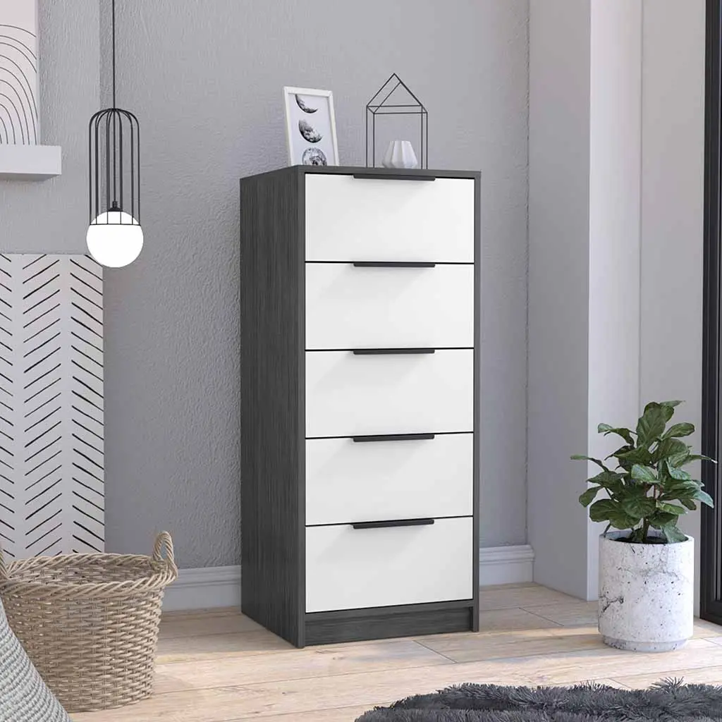 42 Inch Vertical Gown Dresser 5 Drawers White Smokey Oak Finish Modern Bedroom Storage depot e-shop